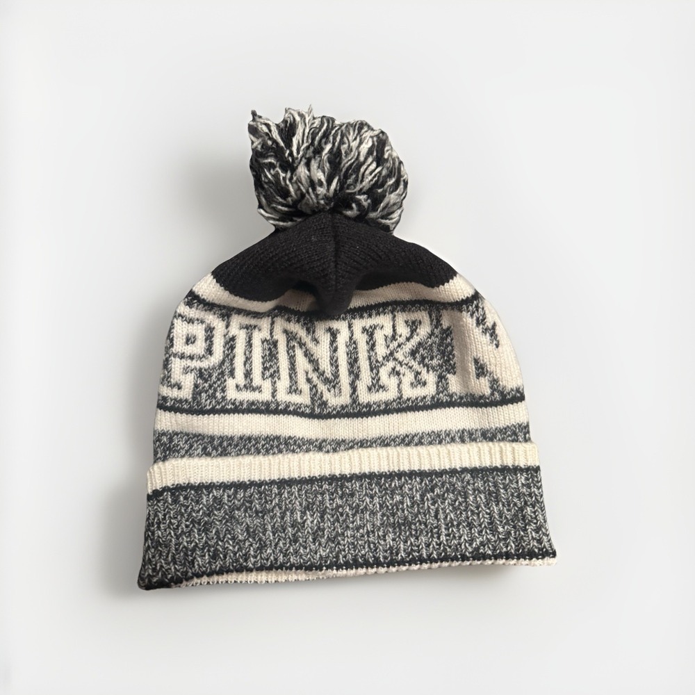 Victoria's Secret PINK NATION Beanie Winter Cap Pom Pom Hat - Black & White